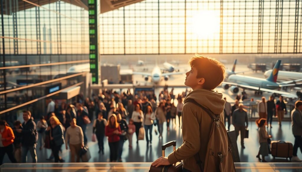 A serene vista of a bustling international airport terminal, bathed in warm, golden light. In the foreground, a young traveler gazes in awe at the towering glass-and-steel architecture, suitcase in hand, eyes wide with excitement. The middle ground features a diverse crowd of passengers navigating the concourse, each with their own unique stories and destinations. In the background, a fleet of commercial airliners waits patiently, ready to whisk the first-time explorer to new and exciting horizons. The scene conveys a sense of boundless possibility, adventure, and the thrill of embarking on a transformative journey.