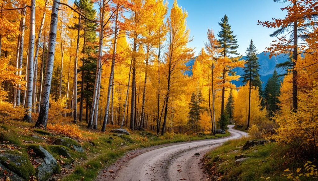 A serene, winding autumn trail cutting through a lush, golden forest in Norway. The foreground features a winding dirt path, its edges lined with fallen leaves and the occasional moss-covered rock. The middle ground is dominated by towering birch and pine trees, their leaves ablaze in shades of yellow, orange, and red. Soft, diffused sunlight filters through the canopy, casting a warm glow over the scene. In the distant background, a glimpse of rugged mountains and a clear blue sky. An atmosphere of tranquility and the natural beauty of the Norwegian landscape. A serene, winding autumn trail cutting through a lush, golden forest in Norway. The foreground features a winding dirt path, its edges lined with fallen leaves and the occasional moss-covered rock. The middle ground is dominated by towering birch and pine trees, their leaves ablaze in shades of yellow, orange, and red. Soft, diffused sunlight filters through the canopy, casting a warm glow over the scene. In the distant background, a glimpse of rugged mountains and a clear blue sky. An atmosphere of tranquility and the natural beauty of the Norwegian landscape.