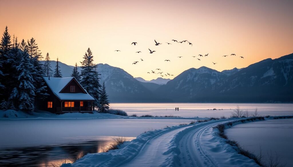 A serene winter coastal retreat along the shores of Moosehead Lake, Maine. A log cabin nestled amidst snow-capped pines, with a warm glow emanating from its windows. In the foreground, a frozen lake reflects the pastel hues of a gentle sunset, dotted with the silhouettes of ice fishermen. The middle ground features a snow-dusted path leading to the cabin, with a flock of geese taking flight in the distance. The background showcases the rugged, snow-covered mountains surrounding the lake, creating a picturesque, peaceful atmosphere. The scene is illuminated by soft, natural lighting, conveying a sense of tranquility and isolation, perfect for a cozy winter getaway. A serene winter coastal retreat along the shores of Moosehead Lake, Maine. A log cabin nestled amidst snow-capped pines, with a warm glow emanating from its windows. In the foreground, a frozen lake reflects the pastel hues of a gentle sunset, dotted with the silhouettes of ice fishermen. The middle ground features a snow-dusted path leading to the cabin, with a flock of geese taking flight in the distance. The background showcases the rugged, snow-covered mountains surrounding the lake, creating a picturesque, peaceful atmosphere. The scene is illuminated by soft, natural lighting, conveying a sense of tranquility and isolation, perfect for a cozy winter getaway.