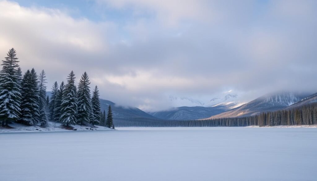A serene winter landscape at a U.S. national park, captured with a wide-angle lens. In the foreground, a tranquil frozen lake reflects the snow-capped mountains in the distance. Tall evergreen trees line the shores, their branches heavy with fresh snow. The sky is a mix of soft blues and grays, creating a moody, atmospheric effect. Diffused natural light filters through the clouds, casting a warm glow over the scene. The overall mood is one of peaceful solitude, inviting the viewer to immerse themselves in the beauty of the great outdoors during the winter season. A serene winter landscape at a U.S. national park, captured with a wide-angle lens. In the foreground, a tranquil frozen lake reflects the snow-capped mountains in the distance. Tall evergreen trees line the shores, their branches heavy with fresh snow. The sky is a mix of soft blues and grays, creating a moody, atmospheric effect. Diffused natural light filters through the clouds, casting a warm glow over the scene. The overall mood is one of peaceful solitude, inviting the viewer to immerse themselves in the beauty of the great outdoors during the winter season.