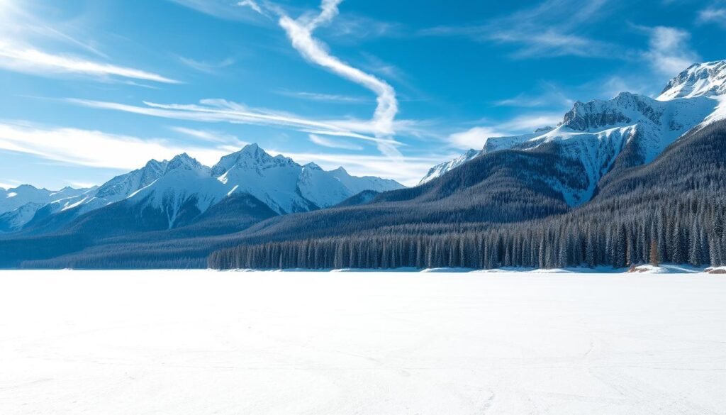 A serene winter landscape of a frozen lake, surrounded by towering snow-capped mountains. In the foreground, a pristine frozen surface reflects the azure sky above, dotted with wispy cirrus clouds. Midground features a dense, evergreen forest blanketed in a thick layer of pristine white snow, casting long shadows across the icy expanse. The background is dominated by rugged, jagged peaks reaching up towards the heavens, their icy slopes glimmering in the soft, diffused natural lighting. An atmosphere of tranquility and untamed wilderness permeates the scene, inviting the viewer to step into this peaceful, frozen sanctuary. A serene winter landscape of a frozen lake, surrounded by towering snow-capped mountains. In the foreground, a pristine frozen surface reflects the azure sky above, dotted with wispy cirrus clouds. Midground features a dense, evergreen forest blanketed in a thick layer of pristine white snow, casting long shadows across the icy expanse. The background is dominated by rugged, jagged peaks reaching up towards the heavens, their icy slopes glimmering in the soft, diffused natural lighting. An atmosphere of tranquility and untamed wilderness permeates the scene, inviting the viewer to step into this peaceful, frozen sanctuary.