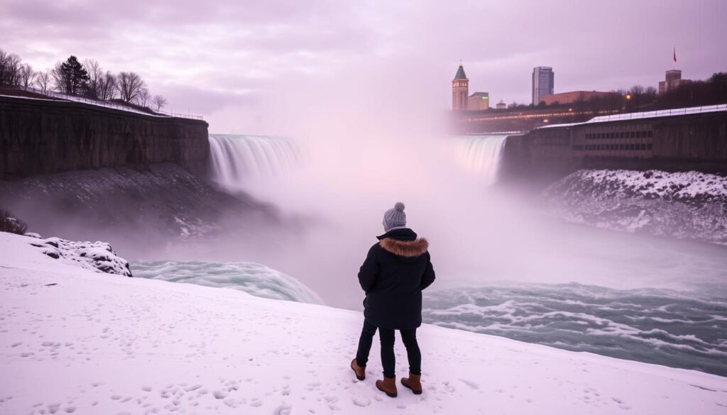 A serene winter morning at Niagara Falls, the misty cascades glistening in the soft, ambient light. In the foreground, a couple bundled up in warm coats stands in awe, gazing at the majestic waterfalls that thunderously flow over the rocky cliffs. The middle ground is filled with a dusting of fresh snow, leading the eye towards the iconic Horseshoe Falls, partially obscured by the wispy vapor. In the background, the iconic Niagara skyline rises, its architecture bathed in a golden glow, creating a picturesque scene that captures the magic and wonder of this natural wonder. The overall mood is one of tranquility and reverence, inviting the viewer to immerse themselves in the beauty of this ideal wintertime visit to Niagara Falls.