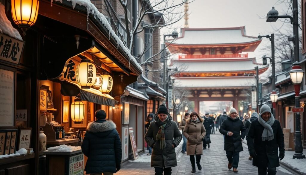 A serene winter scene in Tokyo, Japan: A picturesque street in the historic Asakusa district, lined with traditional Japanese architecture shrouded in a gentle dusting of snow. In the foreground, a cozy izakaya glows with warm lanterns, inviting passersby to step inside and savor hot sake. In the middle ground, pedestrians bundled in scarves and coats stroll along the snow-blanketed sidewalk, their breath visible in the crisp, frosty air. In the background, the iconic Sensoji Temple stands tall, its crimson pagoda roofs and intricate carvings accentuated by soft, diffused lighting. An atmosphere of tranquility and wonder pervades the scene, capturing the essence of winter in this vibrant city. A serene winter scene in Tokyo, Japan: A picturesque street in the historic Asakusa district, lined with traditional Japanese architecture shrouded in a gentle dusting of snow. In the foreground, a cozy izakaya glows with warm lanterns, inviting passersby to step inside and savor hot sake. In the middle ground, pedestrians bundled in scarves and coats stroll along the snow-blanketed sidewalk, their breath visible in the crisp, frosty air. In the background, the iconic Sensoji Temple stands tall, its crimson pagoda roofs and intricate carvings accentuated by soft, diffused lighting. An atmosphere of tranquility and wonder pervades the scene, capturing the essence of winter in this vibrant city.