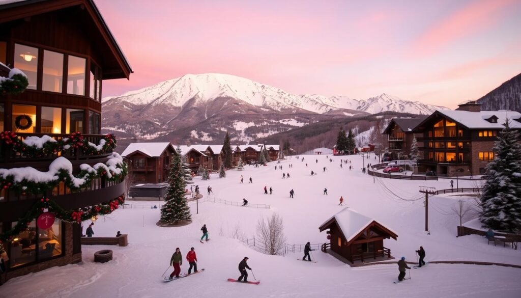 A snow-capped Aspen mountain, its peaks glistening under the warm winter sun. In the foreground, a quaint ski village with charming Alpine-style chalets and festive holiday decorations. Skiers and snowboarders carve elegant turns down the pristine slopes, while in the distance, a cozy fireplace glows in the window of a luxurious mountain lodge. The air is crisp and invigorating, filled with the sound of laughter and the scent of mulled wine. This is Aspen, a winter wonderland where elegance, adventure, and the spirit of the holidays come together in perfect harmony. A snow-capped Aspen mountain, its peaks glistening under the warm winter sun. In the foreground, a quaint ski village with charming Alpine-style chalets and festive holiday decorations. Skiers and snowboarders carve elegant turns down the pristine slopes, while in the distance, a cozy fireplace glows in the window of a luxurious mountain lodge. The air is crisp and invigorating, filled with the sound of laughter and the scent of mulled wine. This is Aspen, a winter wonderland where elegance, adventure, and the spirit of the holidays come together in perfect harmony.