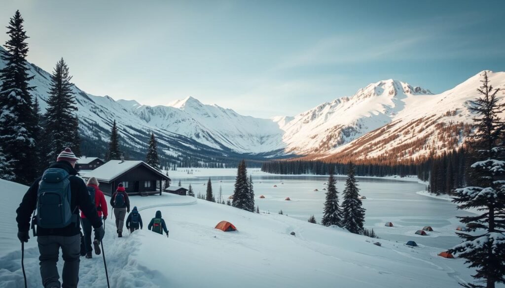 A snow-covered mountain landscape, with a cozy cabin nestled in the valley below. In the foreground, a group of hikers navigating a winding trail, their backpacks and winter gear visible. The middle ground features a frozen lake, its surface dotted with ice-fishing tents. In the background, towering evergreens and a dusting of snow on the peaks, creating a serene and peaceful atmosphere. The lighting is soft and muted, with a hint of golden hue from the setting sun. The overall scene conveys a sense of tranquility and adventure, capturing the essence of an underrated and budget-friendly winter destination. A snow-covered mountain landscape, with a cozy cabin nestled in the valley below. In the foreground, a group of hikers navigating a winding trail, their backpacks and winter gear visible. The middle ground features a frozen lake, its surface dotted with ice-fishing tents. In the background, towering evergreens and a dusting of snow on the peaks, creating a serene and peaceful atmosphere. The lighting is soft and muted, with a hint of golden hue from the setting sun. The overall scene conveys a sense of tranquility and adventure, capturing the essence of an underrated and budget-friendly winter destination.