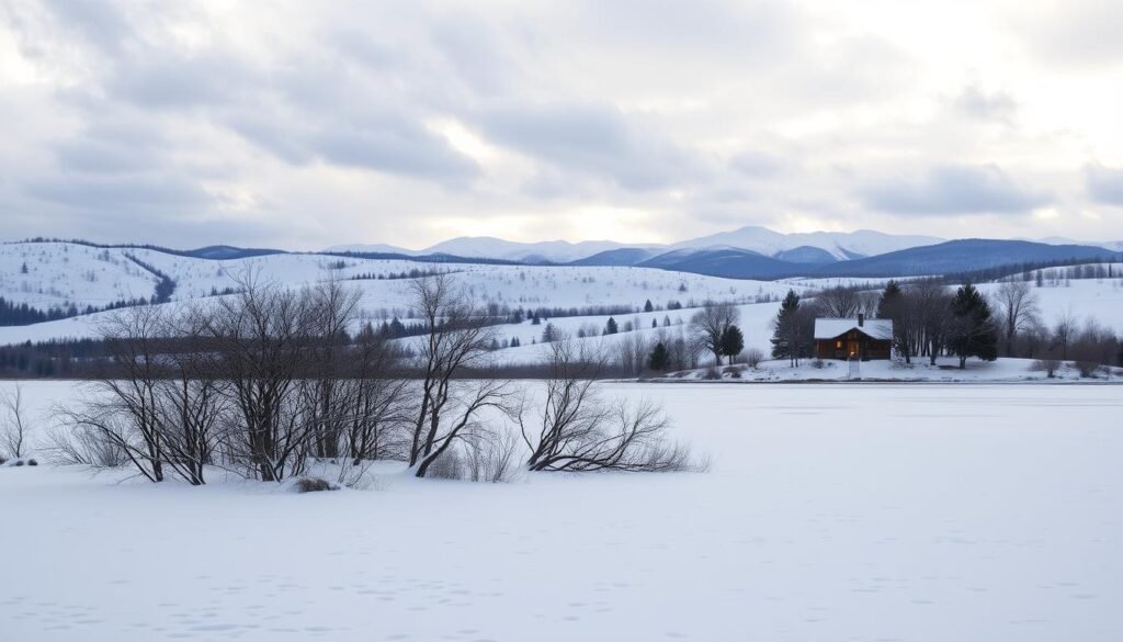 A snow-covered rural landscape in the southern states of the United States, with rolling hills and distant mountain peaks. In the foreground, a frozen lake reflects the cloudy winter sky, the surface dotted with the footprints of wildlife. Clusters of bare-branched trees line the shore, their silhouettes casting long shadows across the pristine white expanse. In the middle ground, a quaint log cabin nestled among the trees, its warm lights glowing through the windows, hinting at the cozy respite within. The background is dominated by majestic, snow-capped peaks, the light filtering through the overcast skies, creating a soft, diffused illumination across the entire scene. A snow-covered rural landscape in the southern states of the United States, with rolling hills and distant mountain peaks. In the foreground, a frozen lake reflects the cloudy winter sky, the surface dotted with the footprints of wildlife. Clusters of bare-branched trees line the shore, their silhouettes casting long shadows across the pristine white expanse. In the middle ground, a quaint log cabin nestled among the trees, its warm lights glowing through the windows, hinting at the cozy respite within. The background is dominated by majestic, snow-capped peaks, the light filtering through the overcast skies, creating a soft, diffused illumination across the entire scene.