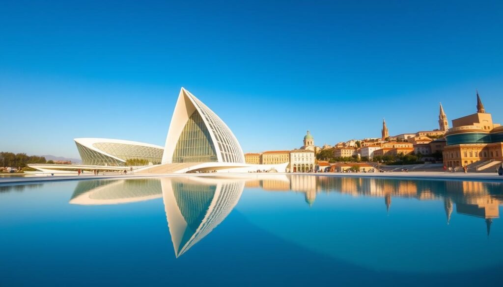 A sprawling architectural marvel, the City of Arts and Sciences in Valencia, Spain, stands tall against a azure sky. The futuristic buildings, designed by Santiago Calatrava, gleam in the warm Mediterranean sun, their clean lines and curves creating a harmonious symphony of form and function. In the foreground, a tranquil pool reflects the stunning silhouettes, while in the distance, the old town's historic spires and terracotta roofs add a touch of timeless beauty to the scene. The image is captured through a wide-angle lens, allowing the viewer to fully immerse themselves in the striking juxtaposition of the modern and the ancient, creating a sense of awe and wonder. A sprawling architectural marvel, the City of Arts and Sciences in Valencia, Spain, stands tall against a azure sky. The futuristic buildings, designed by Santiago Calatrava, gleam in the warm Mediterranean sun, their clean lines and curves creating a harmonious symphony of form and function. In the foreground, a tranquil pool reflects the stunning silhouettes, while in the distance, the old town's historic spires and terracotta roofs add a touch of timeless beauty to the scene. The image is captured through a wide-angle lens, allowing the viewer to fully immerse themselves in the striking juxtaposition of the modern and the ancient, creating a sense of awe and wonder.