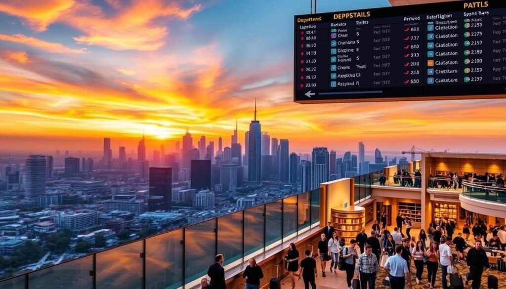 A sprawling cityscape at golden hour, skyscrapers and hotels silhouetted against a vibrant sunset sky. In the foreground, a busy airport terminal with travelers hurrying to their gates, suitcases in hand. Overhead, a large departures board displays flight times and destinations, hinting at the best deals. In the middle ground, a hotel lobby bustles with activity, guests checking in and out, the lobby decor exuding a sense of luxury and comfort. The overall scene conveys the excitement and anticipation of finding the cheapest times to visit, with flights and accommodations at their most affordable. A sprawling cityscape at golden hour, skyscrapers and hotels silhouetted against a vibrant sunset sky. In the foreground, a busy airport terminal with travelers hurrying to their gates, suitcases in hand. Overhead, a large departures board displays flight times and destinations, hinting at the best deals. In the middle ground, a hotel lobby bustles with activity, guests checking in and out, the lobby decor exuding a sense of luxury and comfort. The overall scene conveys the excitement and anticipation of finding the cheapest times to visit, with flights and accommodations at their most affordable.