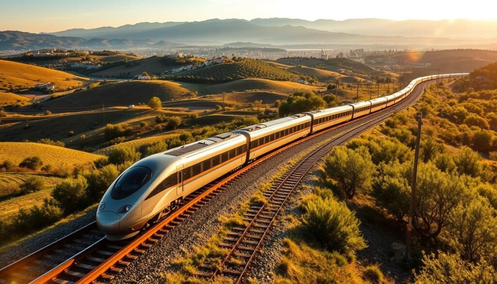 A sprawling network of high-speed rail lines crisscrossing the lush Spanish countryside. In the foreground, a sleek bullet train glides effortlessly along the tracks, its polished exterior reflecting the warm Mediterranean sun. The middle ground features rolling hills dotted with vibrant olive groves and ancient hilltop towns, while the distant background is dominated by the majestic silhouettes of the Pyrenees mountains. The scene is bathed in a soft, golden light, creating a sense of timeless elegance and adventure. Subtle lens flares and a shallow depth of field add depth and atmosphere to the dynamic composition.