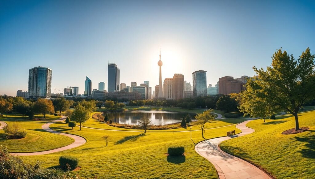 A sprawling urban oasis, Scissortail Park in Oklahoma City showcases the city's vibrant skyline. In the foreground, lush greenery and winding pathways invite leisurely strolls, while in the middle ground, a serene lake reflects the surrounding architecture. Towering skyscrapers and the iconic Devon Tower dominate the background, bathed in warm, golden light that casts long shadows across the scene. This picturesque park offers a harmonious blend of nature and modern cityscapes, creating a tranquil respite from the bustling metropolis. Capture the essence of this urban sanctuary through a wide-angle lens that encompasses the full grandeur of Scissortail Park.