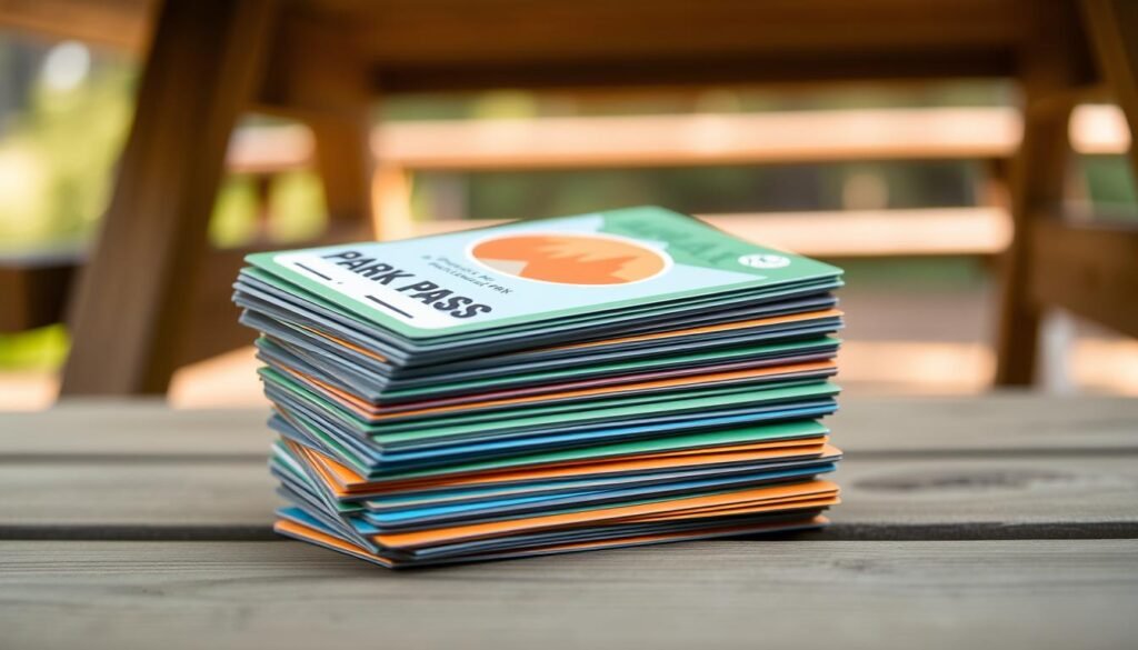 A stack of rectangular park passes in a variety of colors, including green, blue, and orange, against a background of a wooden picnic table. The passes are neatly organized, with a sense of order and practicality. The lighting is soft and natural, with a warm, inviting tone that suggests an outdoor setting. The camera angle is slightly elevated, capturing the passes from an eye-level perspective, with a shallow depth of field that keeps the focus on the main subject. The overall mood is one of efficiency and preparedness, reflecting the practical planning aspect of visiting Acadia National Park.