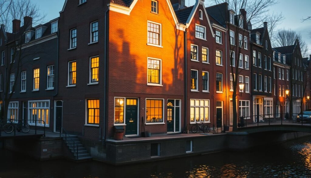 A stately brick townhouse stands tall, its gabled facade casting long shadows under the golden light of dusk. The iconic Anne Frank House, a somber memorial to the young diarist's tragic fate, nestled along the serene Prinsengracht canal. Through the illuminated windows, we glimpse the modest interior where Anne and her family hid from the Nazis, their lives forever intertwined with this historic landmark. The cobblestone streets and charming bridges of Amsterdam's historic district surround the house, creating an atmosphere of quiet contemplation. A soft, reverent mood pervades the scene, inviting visitors to pause and reflect on the poignant story that unfolded within these walls.