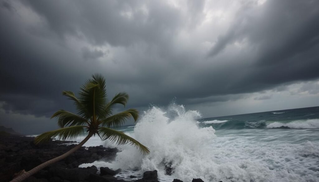 A stormy sky looms overhead, dark clouds swirling with the intensity of a powerful hurricane. Crashing waves surge against the rocky coastline, white foam spraying into the air. In the foreground, a lone palm tree sways in the howling wind, its fronds rustling with a sense of urgency. The scene is lit by a dramatic lighting, casting long shadows and creating a moody, atmospheric feel. The camera angle is low, capturing the scale and power of the natural forces at play. This image conveys the chaos and unpredictability of hurricane season, a time when Hawaii's visitors must be prepared for the unexpected. A stormy sky looms overhead, dark clouds swirling with the intensity of a powerful hurricane. Crashing waves surge against the rocky coastline, white foam spraying into the air. In the foreground, a lone palm tree sways in the howling wind, its fronds rustling with a sense of urgency. The scene is lit by a dramatic lighting, casting long shadows and creating a moody, atmospheric feel. The camera angle is low, capturing the scale and power of the natural forces at play. This image conveys the chaos and unpredictability of hurricane season, a time when Hawaii's visitors must be prepared for the unexpected.