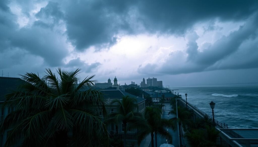 A stormy skyline over the historic French Quarter of New Orleans, heavy rain and powerful winds lashing the iconic buildings. In the foreground, palm trees sway violently, their fronds whipping through the air. The streets are deserted, save for a lone figure hurrying for shelter, their umbrella struggling against the gusts. Ominous clouds churn overhead, lightning flickering through the gloom, while in the distance the mighty Mississippi River rushes past, its waters churned to a foaming torrent. A moody, atmospheric scene capturing the drama and intensity of hurricane season in this resilient, vibrant city. A stormy skyline over the historic French Quarter of New Orleans, heavy rain and powerful winds lashing the iconic buildings. In the foreground, palm trees sway violently, their fronds whipping through the air. The streets are deserted, save for a lone figure hurrying for shelter, their umbrella struggling against the gusts. Ominous clouds churn overhead, lightning flickering through the gloom, while in the distance the mighty Mississippi River rushes past, its waters churned to a foaming torrent. A moody, atmospheric scene capturing the drama and intensity of hurricane season in this resilient, vibrant city.