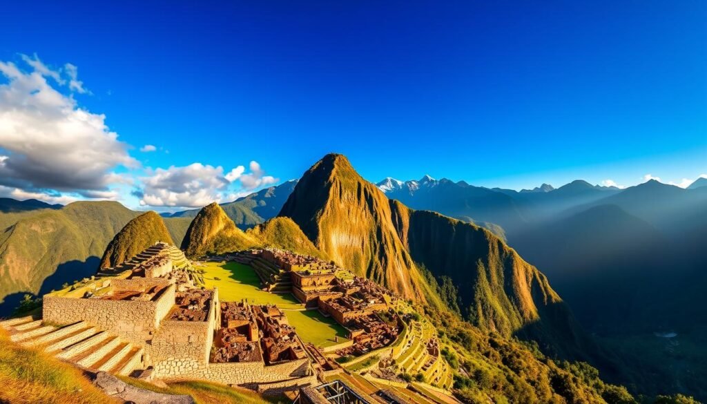 A striking panoramic view of the iconic Machu Picchu site, captured across 12 distinct monthly snapshots. In the foreground, the ancient Inca ruins stand tall, their stone walls and terraced steps illuminated by warm, golden light. The middle ground showcases the lush, verdant Andean slopes, their hues shifting subtly with the changing seasons - from the vibrant greens of the wet season to the earthy tones of the dry. In the distant background, the majestic Andes mountains loom, their snow-capped peaks piercing the azure sky. The lighting and atmospheric conditions vary in each panel, reflecting the unique character of each month - dramatic storm clouds, soft morning mist, crisp winter sunlight. This dynamic, cinematic composition conveys the timeless allure of Machu Picchu and the best trade-offs for visiting throughout the year.