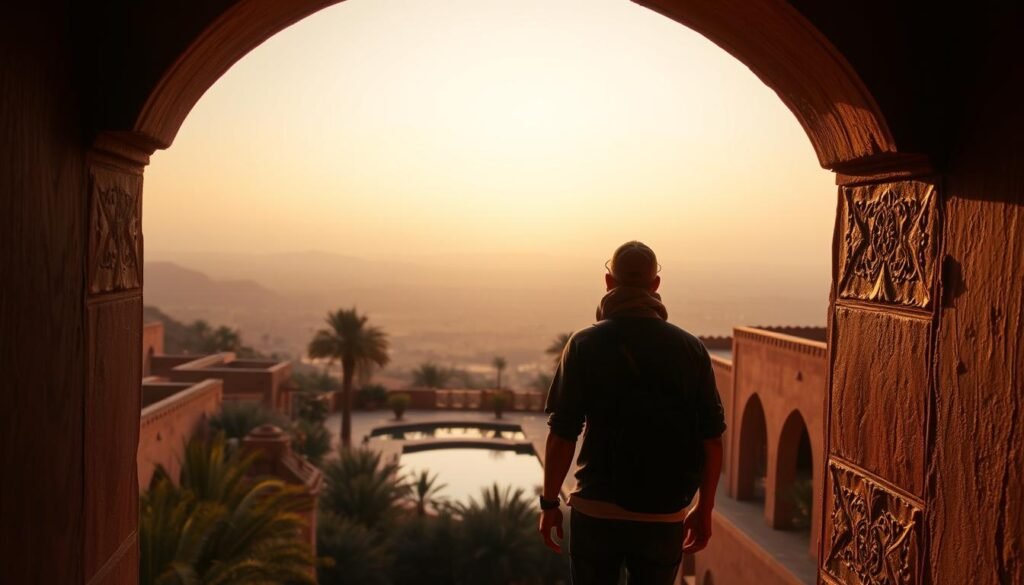 A stunning Moroccan landscape at golden hour, with a lone traveler exploring the winding paths of a desert oasis. Warm, diffused lighting casts a soft, dreamy glow over the scene, with distant, hazy mountains fading into the horizon. In the foreground, a traditional Moroccan archway frames the traveler, who is admiring the vibrant colors and textures of the local architecture. The middle ground features lush palm trees and a tranquil pool, reflecting the warm tones of the setting sun. This image captures the essence of an immersive, authentic "trip style" experience in Morocco, perfect for the adventurous traveler. A stunning Moroccan landscape at golden hour, with a lone traveler exploring the winding paths of a desert oasis. Warm, diffused lighting casts a soft, dreamy glow over the scene, with distant, hazy mountains fading into the horizon. In the foreground, a traditional Moroccan archway frames the traveler, who is admiring the vibrant colors and textures of the local architecture. The middle ground features lush palm trees and a tranquil pool, reflecting the warm tones of the setting sun. This image captures the essence of an immersive, authentic "trip style" experience in Morocco, perfect for the adventurous traveler.