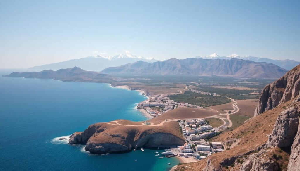 A stunning aerial view of Crete's rugged coastline, where azure waters crash against towering cliffs and hidden coves. In the foreground, a picturesque fishing village nestled between rolling hills, its whitewashed buildings and terracotta roofs bathed in warm Mediterranean light. Further inland, the majestic White Mountains rise, their snow-capped peaks piercing the cloudless sky. A lush, verdant valley unfolds in the middle distance, dotted with olive groves and ancient ruins. The entire scene is imbued with a sense of timeless beauty and tranquility, capturing the essence of Greece's largest and most diverse island.