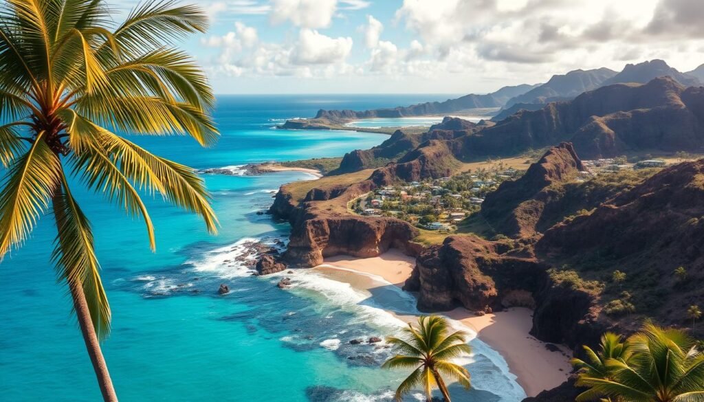 A stunning aerial view of Molokai's pristine beaches, where the crystal-clear turquoise waters gently lap against the soft, golden sands. In the foreground, lush palm trees sway in the gentle breeze, creating a peaceful, tropical ambiance. The middle ground showcases the rugged, volcanic cliffs that line the coastline, their jagged profiles silhouetted against the vibrant blue sky. In the distance, a picturesque village nestled between the hills, its traditional Hawaiian architecture and lush greenery evoking a sense of authentic, low-key island life. The scene is bathed in warm, golden sunlight, lending a serene and tranquil atmosphere to this untouched natural paradise. A stunning aerial view of Molokai's pristine beaches, where the crystal-clear turquoise waters gently lap against the soft, golden sands. In the foreground, lush palm trees sway in the gentle breeze, creating a peaceful, tropical ambiance. The middle ground showcases the rugged, volcanic cliffs that line the coastline, their jagged profiles silhouetted against the vibrant blue sky. In the distance, a picturesque village nestled between the hills, its traditional Hawaiian architecture and lush greenery evoking a sense of authentic, low-key island life. The scene is bathed in warm, golden sunlight, lending a serene and tranquil atmosphere to this untouched natural paradise.