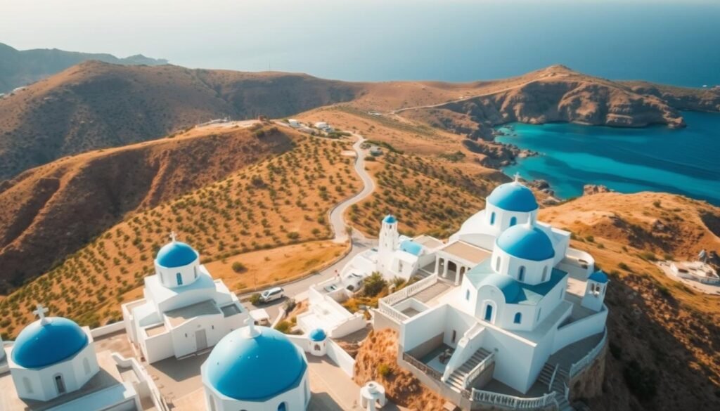 A stunning aerial view of Sifnos island, a picturesque Greek gem in the Aegean Sea. The foreground showcases the island's whitewashed houses and churches, their blue-domed roofs contrasting against the warm, sun-drenched landscape. In the middle ground, a winding path leads through rolling hills dotted with olive groves and vineyards, hinting at the island's rich culinary traditions. The background reveals the island's rugged, dramatic coastline, with crystal-clear turquoise waters lapping against the rocky cliffs. Soft, diffused lighting casts a serene, timeless atmosphere over the entire scene, inviting the viewer to slow down and savor the island's tranquil beauty.