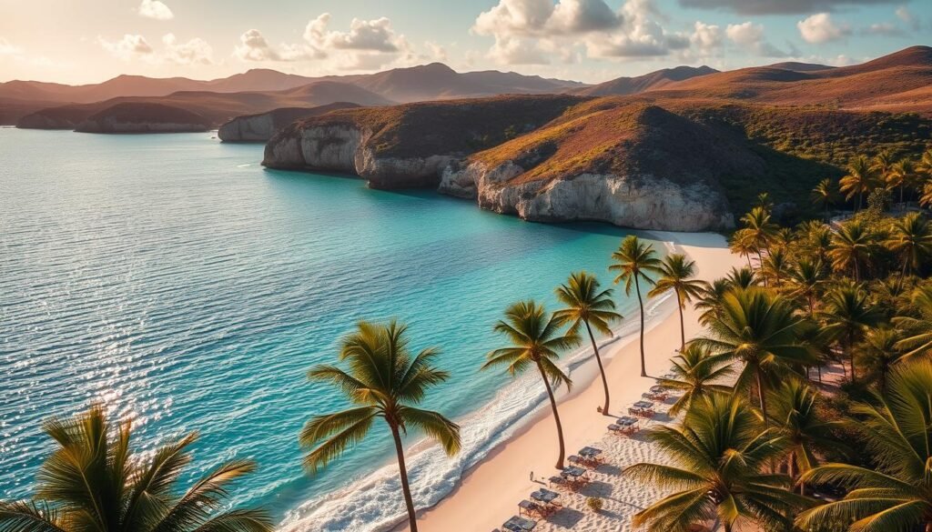 A stunning aerial view of Turks and Caicos Islands, a breathtaking Caribbean paradise. Turquoise waters gently lap against pristine white sand beaches, framed by lush, verdant palm trees swaying in the gentle breeze. In the background, the rugged limestone cliffs and rolling hills of the islands create a dramatic, natural backdrop. The sun bathes the scene in a warm, golden glow, casting long shadows and highlighting the intricate textures of the landscape. The composition captures the serene tranquility and unspoiled beauty that makes this island chain a true gem of the Caribbean.