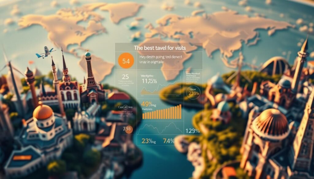A stunning aerial view of diverse travel destinations, showcased against a vibrant, data-driven backdrop. In the foreground, iconic landmarks and scenic landscapes are prominently displayed, each representing a top-rated global destination. The middle ground features dynamic infographic elements, visualizing key data points and analytics that guide travelers to the best countries to visit. In the distant background, a softly blurred world map provides a global context, highlighting the interconnectedness of these data-backed travel hotspots. The lighting is warm and inviting, creating a sense of exploration and adventure. The overall composition is sleek, modern, and visually compelling, drawing the viewer in to discover the most compelling travel destinations based on concrete, data-driven insights. A stunning aerial view of diverse travel destinations, showcased against a vibrant, data-driven backdrop. In the foreground, iconic landmarks and scenic landscapes are prominently displayed, each representing a top-rated global destination. The middle ground features dynamic infographic elements, visualizing key data points and analytics that guide travelers to the best countries to visit. In the distant background, a softly blurred world map provides a global context, highlighting the interconnectedness of these data-backed travel hotspots. The lighting is warm and inviting, creating a sense of exploration and adventure. The overall composition is sleek, modern, and visually compelling, drawing the viewer in to discover the most compelling travel destinations based on concrete, data-driven insights.