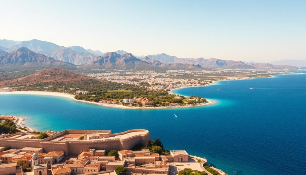 A stunning aerial view of the Dodecanese islands of Rhodes and Kos, bathed in warm Mediterranean sunlight. In the foreground, the historic Old Town of Rhodes, with its medieval stone walls and Byzantine architecture, contrasts with the sparkling blue waters of the Aegean Sea. In the middle ground, the lush, verdant landscapes of Kos unfold, dotted with whitewashed buildings and ancient ruins. In the background, the rugged mountains of both islands rise majestically, creating a breathtaking natural backdrop. The image captures the essence of the Dodecanese's rich history and picturesque beachside charm, inviting the viewer to explore this remarkable Greek island destination.