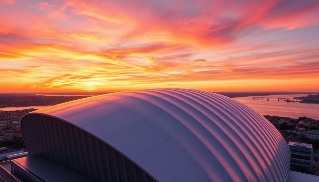 A stunning aerial view of the MAAT (Museum of Art, Architecture and Technology) in Lisbon, Portugal, at sunset. The architectural marvel's iconic curvaceous rooftop cuts a striking silhouette against the vibrant orange and pink hues of the evening sky. Sleek lines and graceful contours are bathed in warm, golden light, casting long shadows that dance across the rooftop's undulating surface. In the distance, the shimmering waters of the Tagus River glisten, completing the serene and picturesque scene. A wide-angle lens captures the breathtaking panoramic vista, showcasing the building's seamless integration with its breathtaking natural surroundings.