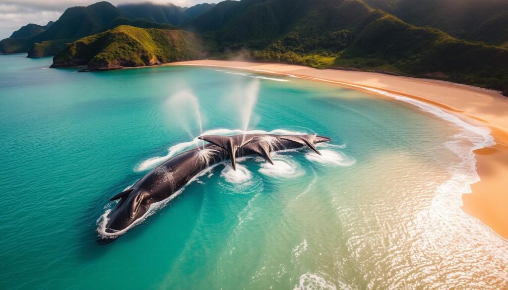 A stunning aerial view of the iconic Whale Tail formation at Uvita Beach, Costa Rica. The crystalline turquoise waters of the Pacific Ocean gently lap against the pristine golden sands, framed by lush, verdant hills in the background. A pod of majestic humpback whales gracefully breach the surface, their massive tails creating dramatic splashes that capture the essence of this breathtaking natural wonder. Warm, diffused sunlight filters through wispy clouds, casting a warm, golden glow over the entire scene. A wide-angle lens captures the scale and grandeur of this picturesque coastal landscape, inviting the viewer to experience the wonder of Marino Ballena National Park.