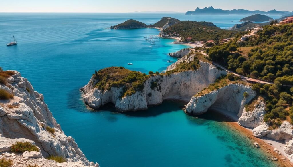 A stunning aerial view of the picturesque Lefkada beaches, with their trademark white pebbles and turquoise waters. In the foreground, sun-kissed cliffs plunge dramatically into the crystalline sea, their rugged contours casting long shadows across the smooth, glistening surface. In the middle ground, hidden coves and secluded bays beckon, their tranquil shores lined with swaying palm trees and lush, verdant foliage. The background is dominated by a panoramic vista of the Ionian archipelago, its islands rising majestically from the horizon, bathed in a warm, golden glow. The scene is imbued with a sense of timeless, serene beauty, capturing the essence of Lefkada's sublime natural splendor.