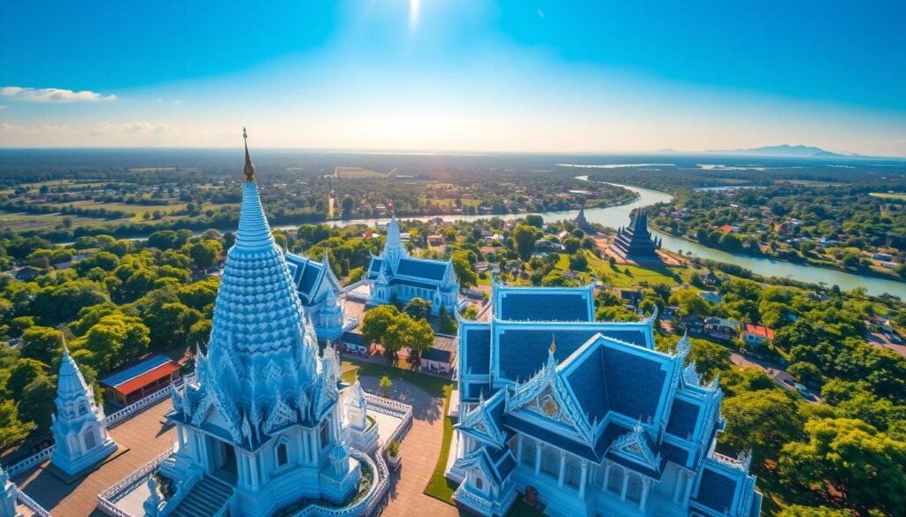 A stunning aerial vista of Chiang Rai, Thailand, showcasing the region's breathtaking temples and landscapes. In the foreground, the iconic White Temple (Wat Rong Khun) stands in pristine white, its intricate carvings and mirrored surfaces reflecting the brilliant azure sky. Behind it, the serene Blue Temple (Wat Rong Sua Ten) glimmers with its vibrant blue hues, surrounded by lush, verdant foliage. In the distance, the Black House (Baan Dam) museum rises, a striking example of Northern Thai architecture, its dark, moody presence contrasting with the lighter temples. In the background, the winding Kok River meanders through the landscape, with the distant Golden Triangle region visible on the horizon, bathed in a warm, golden glow.