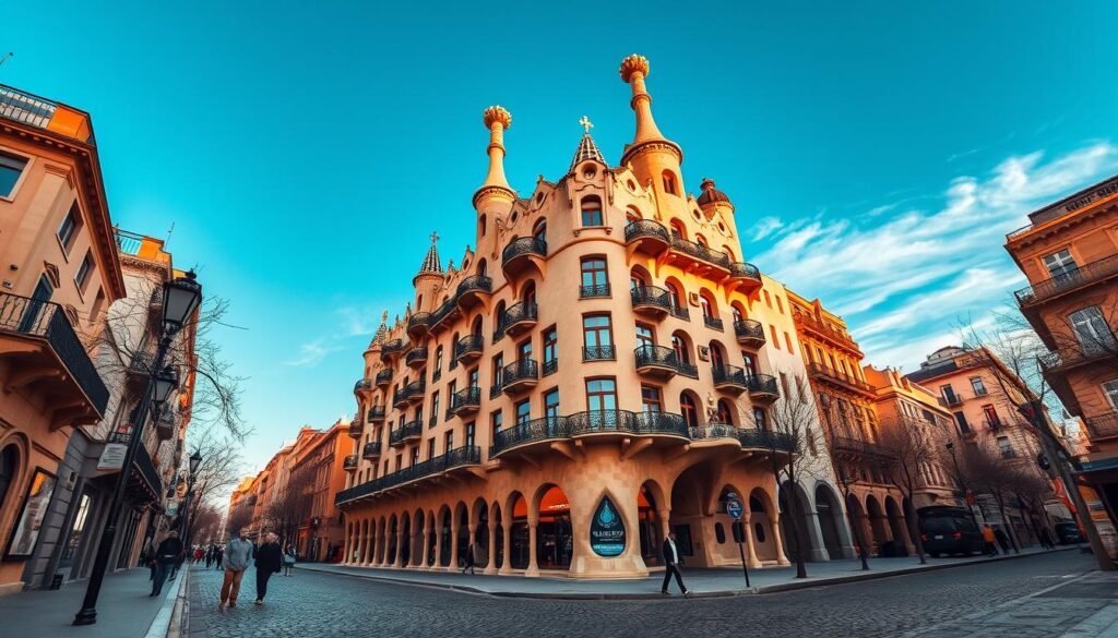 A stunning architectural masterpiece, Casa Milà (also known as "La Pedrera"), a whimsical, organic structure with undulating façades and intricate wrought-iron balconies. Capture the building's captivating silhouette against a backdrop of a clear, azure sky, accentuated by warm, golden lighting that casts dramatic shadows across the intricate details. In the foreground, a cobblestone street leads the viewer's eye towards the building's graceful curves, while in the middle ground, pedestrians stroll by, marveling at the remarkable design. Convey a sense of wonder and awe at the innovative, modernist vision of architect Antoni Gaudí, showcasing the building's unique beauty and the legacy of Barcelona's architectural treasures.