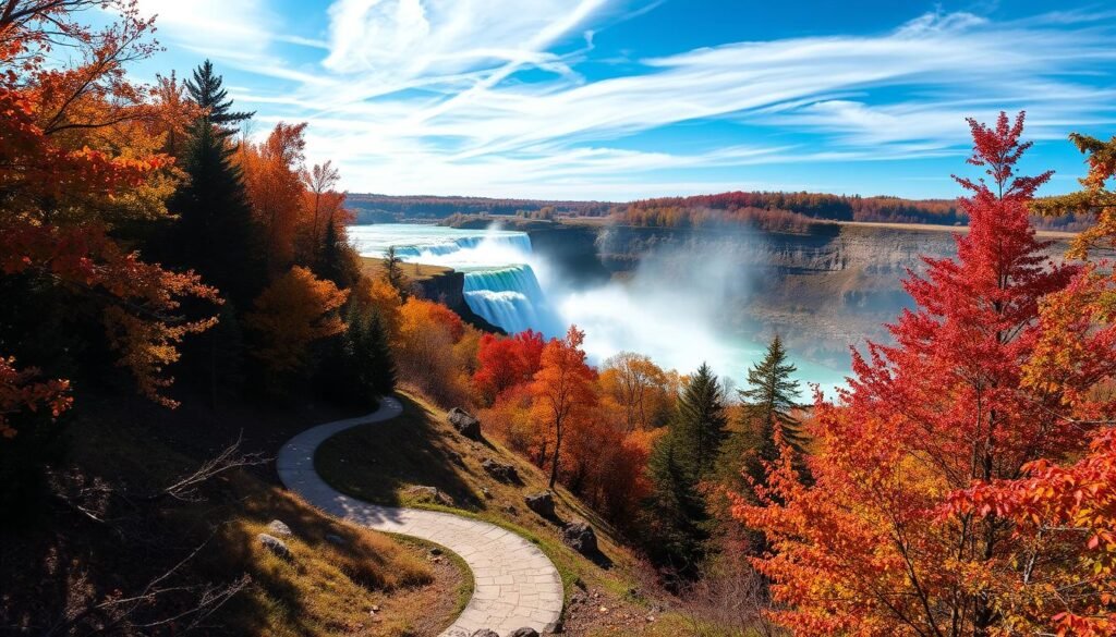 A stunning autumn landscape at Niagara Falls, showcasing the vibrant colors of the surrounding foliage. In the foreground, a winding hiking trail through a lush forest, with sunlight filtering through the canopy. In the middle ground, a panoramic view of the majestic waterfalls, their powerful cascades framed by the rich hues of the trees. In the background, a clear blue sky with wispy clouds, creating a sense of tranquility and wonder. The scene is captured with a wide-angle lens, emphasizing the grandeur and scale of the natural wonder. The overall mood is one of serene beauty, inviting the viewer to explore the enchanting side trips that Niagara Falls has to offer.