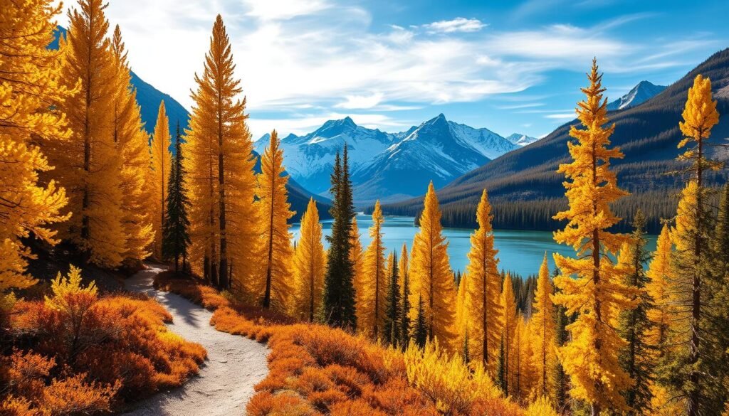 A stunning autumn landscape in Banff National Park, Canada. In the foreground, a winding hiking trail leads through a vibrant golden-hued forest of towering larch trees, their needles shimmering in the soft afternoon light. The middle ground features a serene alpine lake, its calm waters reflecting the majestic snow-capped peaks in the distance. A crisp, clear sky with wispy clouds completes the serene and awe-inspiring scene, capturing the essence of Banff's natural beauty during the larch tree season. A stunning autumn landscape in Banff National Park, Canada. In the foreground, a winding hiking trail leads through a vibrant golden-hued forest of towering larch trees, their needles shimmering in the soft afternoon light. The middle ground features a serene alpine lake, its calm waters reflecting the majestic snow-capped peaks in the distance. A crisp, clear sky with wispy clouds completes the serene and awe-inspiring scene, capturing the essence of Banff's natural beauty during the larch tree season.