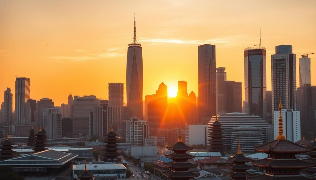 A stunning cityscape at golden hour, showcasing the breathtaking skyline of a thriving Asian metropolis. Towering skyscrapers of glass and steel pierce the vibrant orange sky, casting long shadows across the bustling streets below. In the foreground, a mix of modern and traditional architecture blend seamlessly, with ornate temples and pagodas nestled between sleek high-rises. The scene is bathed in a warm, golden glow, creating a sense of energy and dynamism. The camera angle captures the scale and grandeur of the city, highlighting its position as a global economic and cultural powerhouse. This image perfectly encapsulates the beauty, energy, and ambition of Asia's leading cities.