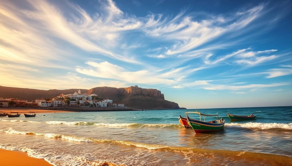A stunning coastal landscape along the Moroccan shoreline, with gently rolling waves caressing a golden sandy beach. In the foreground, picturesque traditional Moroccan fishing boats are anchored, their vibrant colors reflecting in the tranquil waters. The middle ground features a charming coastal town, its whitewashed buildings and terracotta roofs nestled against a backdrop of rugged, sun-drenched cliffs. The sky above is a brilliant azure, with wispy clouds casting soft shadows across the scene. Warm, diffused lighting creates a serene, golden-hour atmosphere, inviting the viewer to imagine the gentle sea breeze and the call of seabirds overhead. A stunning coastal landscape along the Moroccan shoreline, with gently rolling waves caressing a golden sandy beach. In the foreground, picturesque traditional Moroccan fishing boats are anchored, their vibrant colors reflecting in the tranquil waters. The middle ground features a charming coastal town, its whitewashed buildings and terracotta roofs nestled against a backdrop of rugged, sun-drenched cliffs. The sky above is a brilliant azure, with wispy clouds casting soft shadows across the scene. Warm, diffused lighting creates a serene, golden-hour atmosphere, inviting the viewer to imagine the gentle sea breeze and the call of seabirds overhead.
