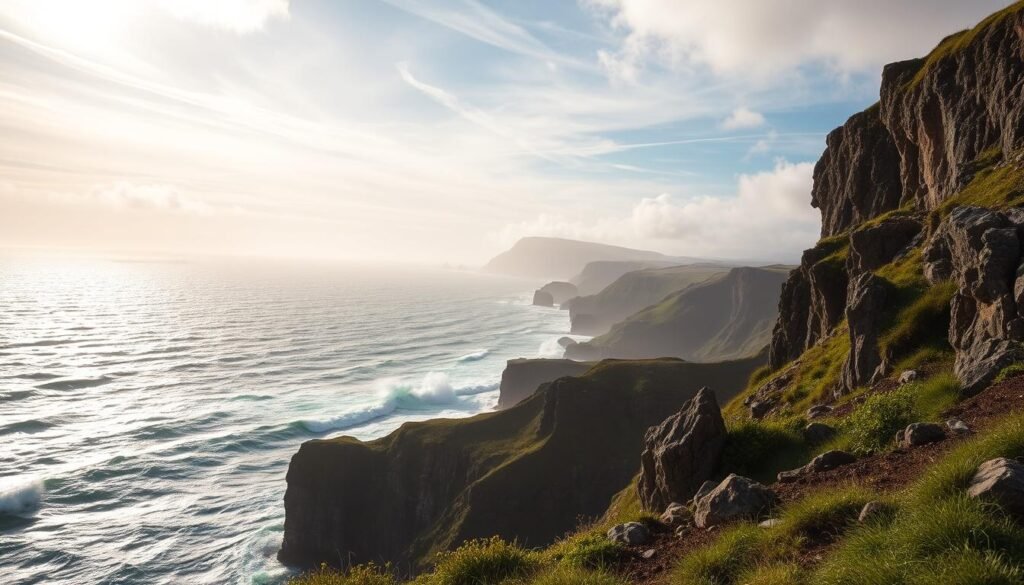 A stunning coastal landscape along the Wild Atlantic Way in Ireland. A dramatic cliffside vista overlooking the vast, turbulent ocean, with rugged rocks and lush green vegetation in the foreground. Sunlight filters through wispy clouds, casting a warm, golden glow over the scene. In the distance, rolling hills and misty mountains rise up, creating a sense of grand, untamed beauty. The crashing waves below crash against the weathered cliffs, their thunderous roar echoing across the vast expanse. This breathtaking, cinematic view encapsulates the epic, wild essence of Ireland's magnificent coastline. A stunning coastal landscape along the Wild Atlantic Way in Ireland. A dramatic cliffside vista overlooking the vast, turbulent ocean, with rugged rocks and lush green vegetation in the foreground. Sunlight filters through wispy clouds, casting a warm, golden glow over the scene. In the distance, rolling hills and misty mountains rise up, creating a sense of grand, untamed beauty. The crashing waves below crash against the weathered cliffs, their thunderous roar echoing across the vast expanse. This breathtaking, cinematic view encapsulates the epic, wild essence of Ireland's magnificent coastline.