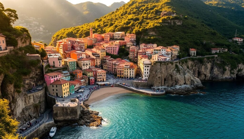A stunning coastal vista of Cinque Terre, Italy. Vibrant, colorful houses cascade down the rugged cliffs, nestled between the deep blue Ligurian Sea and lush, verdant hills. Winding, picturesque hiking trails wind through the charming villages, offering breathtaking views of the UNESCO World Heritage coastline. Warm, golden sunlight bathes the scene, casting long shadows and highlighting the unique architecture. The tranquil, idyllic atmosphere invites exploration and relaxation, capturing the essence of this enchanting, one-of-a-kind Italian paradise. A stunning coastal vista of Cinque Terre, Italy. Vibrant, colorful houses cascade down the rugged cliffs, nestled between the deep blue Ligurian Sea and lush, verdant hills. Winding, picturesque hiking trails wind through the charming villages, offering breathtaking views of the UNESCO World Heritage coastline. Warm, golden sunlight bathes the scene, casting long shadows and highlighting the unique architecture. The tranquil, idyllic atmosphere invites exploration and relaxation, capturing the essence of this enchanting, one-of-a-kind Italian paradise.