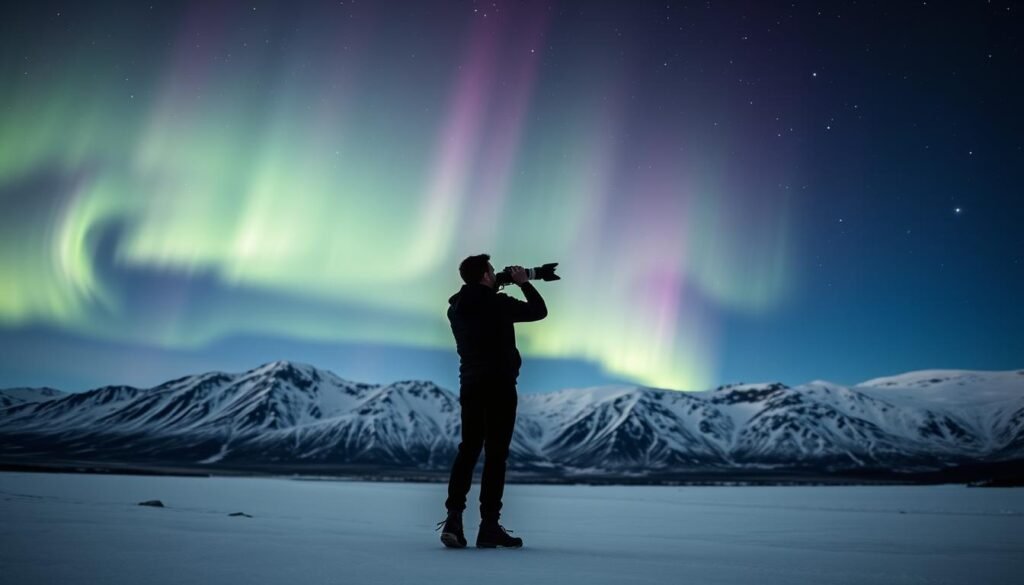 A stunning display of the northern lights in the night sky over a remote Icelandic landscape. The aurora borealis dances across the heavens in a captivating symphony of greens, purples, and blues, casting an ethereal glow over the snowy mountains and frozen lake below. In the foreground, a solitary figure stands in awe, capturing the mesmerizing celestial phenomenon with a professional-grade camera, lens carefully adjusted to frame the breathtaking scene. The soft, ambient lighting creates a sense of tranquility and wonder, perfectly capturing the magic of this natural wonder in the heart of Iceland. A stunning display of the northern lights in the night sky over a remote Icelandic landscape. The aurora borealis dances across the heavens in a captivating symphony of greens, purples, and blues, casting an ethereal glow over the snowy mountains and frozen lake below. In the foreground, a solitary figure stands in awe, capturing the mesmerizing celestial phenomenon with a professional-grade camera, lens carefully adjusted to frame the breathtaking scene. The soft, ambient lighting creates a sense of tranquility and wonder, perfectly capturing the magic of this natural wonder in the heart of Iceland.