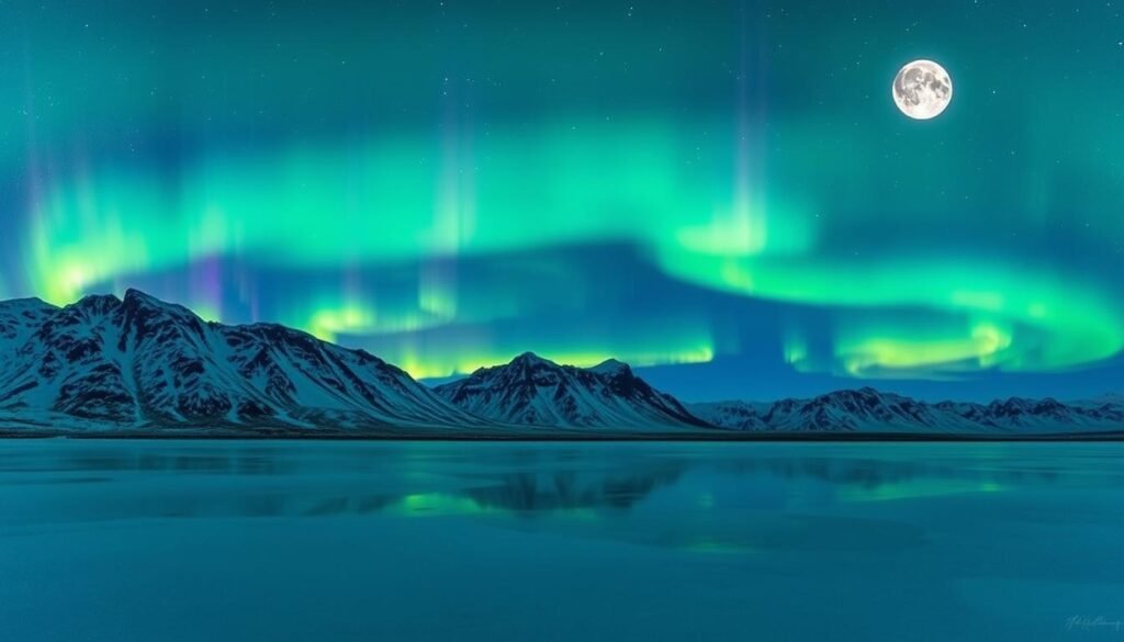 A stunning display of the northern lights in the night sky over a remote Icelandic landscape. The vibrant greens, purples, and blues of the aurora borealis dance gracefully across the heavens, casting a mesmerizing glow over the rugged, snow-capped mountains in the background. In the foreground, a frozen lake reflects the ethereal light, creating a captivating mirror-like effect. The scene is illuminated by a full moon, casting a soft, silvery light that complements the aurora's vivid hues. The overall atmosphere is one of serene tranquility, inviting the viewer to experience the awe-inspiring natural wonder of Iceland's skies. A stunning display of the northern lights in the night sky over a remote Icelandic landscape. The vibrant greens, purples, and blues of the aurora borealis dance gracefully across the heavens, casting a mesmerizing glow over the rugged, snow-capped mountains in the background. In the foreground, a frozen lake reflects the ethereal light, creating a captivating mirror-like effect. The scene is illuminated by a full moon, casting a soft, silvery light that complements the aurora's vivid hues. The overall atmosphere is one of serene tranquility, inviting the viewer to experience the awe-inspiring natural wonder of Iceland's skies.
