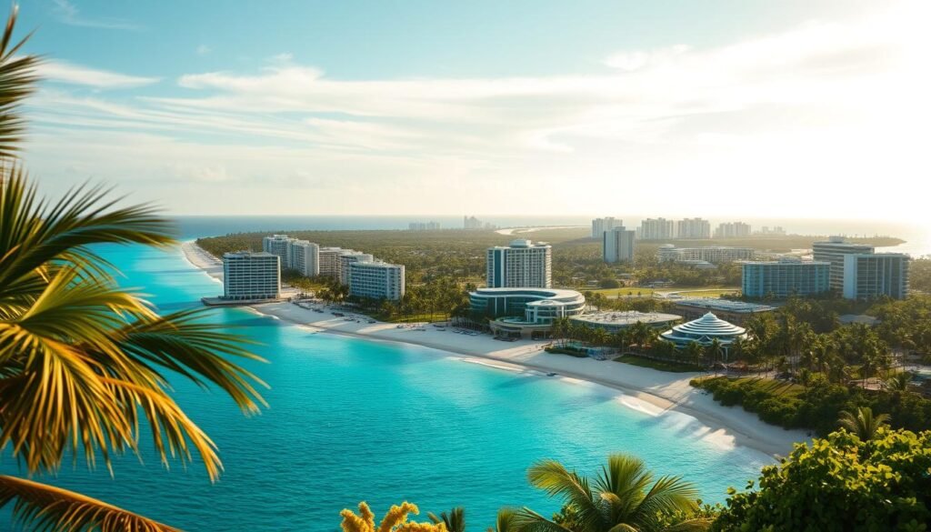A stunning hotel-lined coastline along the azure waters of the Caribbean Sea. In the foreground, swaying palm trees and vibrant tropical foliage frame the pristine white sand beaches. In the middle ground, modern high-rise resorts with sleek glass facades and lush landscaping. Farther back, the silhouettes of distant hotels and condos mingle with the hazy horizon, creating a serene and luxurious atmosphere. Warm, golden afternoon sunlight filters through wispy clouds, casting a soft, inviting glow over the entire scene. A wide-angle lens captures the sprawling, idyllic Hotel Zone of Cancun, Mexico, showcasing its alluring blend of natural beauty and world-class hospitality. A stunning hotel-lined coastline along the azure waters of the Caribbean Sea. In the foreground, swaying palm trees and vibrant tropical foliage frame the pristine white sand beaches. In the middle ground, modern high-rise resorts with sleek glass facades and lush landscaping. Farther back, the silhouettes of distant hotels and condos mingle with the hazy horizon, creating a serene and luxurious atmosphere. Warm, golden afternoon sunlight filters through wispy clouds, casting a soft, inviting glow over the entire scene. A wide-angle lens captures the sprawling, idyllic Hotel Zone of Cancun, Mexico, showcasing its alluring blend of natural beauty and world-class hospitality.