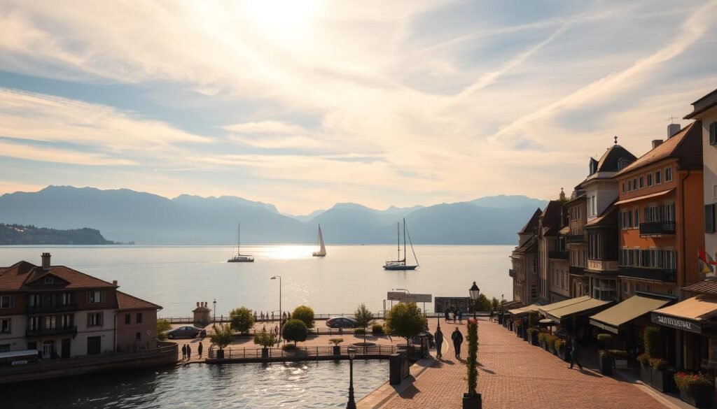 A stunning lakeside vista, the serene waters of Lake Geneva reflecting the majestic Alps in the distance. In the foreground, picturesque buildings and cobblestone streets of Lausanne's historic center, with vibrant cafes and quaint shops lining the promenade. Warm, golden sunlight filters through wispy clouds, casting a romantic glow over the scene. Elegant sailboats glide across the lake, their white sails billowing in the gentle breeze. The air is crisp and fresh, infused with the aroma of local wines and the tranquil atmosphere invites exploration of this cultural gem nestled along the shores of one of Europe's most breathtaking natural wonders. A stunning lakeside vista, the serene waters of Lake Geneva reflecting the majestic Alps in the distance. In the foreground, picturesque buildings and cobblestone streets of Lausanne's historic center, with vibrant cafes and quaint shops lining the promenade. Warm, golden sunlight filters through wispy clouds, casting a romantic glow over the scene. Elegant sailboats glide across the lake, their white sails billowing in the gentle breeze. The air is crisp and fresh, infused with the aroma of local wines and the tranquil atmosphere invites exploration of this cultural gem nestled along the shores of one of Europe's most breathtaking natural wonders.