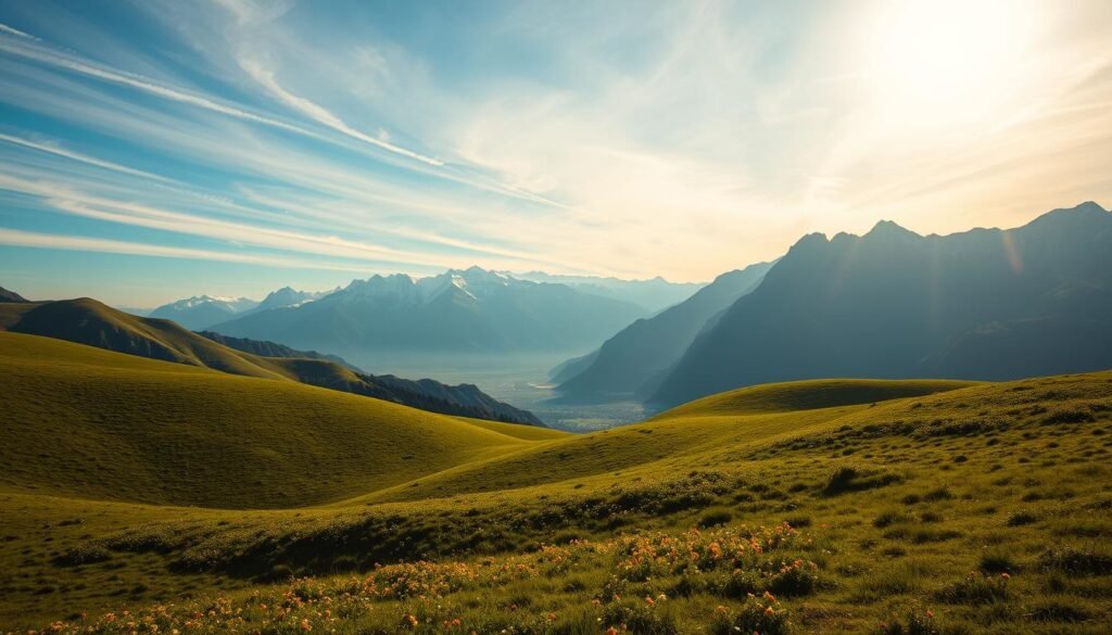 A stunning landscape showcasing the diverse regions of Turkey. In the foreground, rolling hills covered in lush green meadows, dotted with vibrant wildflowers. In the middle ground, a majestic mountain range with snow-capped peaks, their rocky faces casting long shadows across the valleys below. The background is filled with a vast, azure sky, streaked with wispy clouds that catch the warm glow of the afternoon sun. The scene is illuminated by soft, natural lighting that casts a golden hue over the entire tableau. Captured through the lens of a high-quality DSLR camera, the image conveys a sense of tranquility and wonder, inviting the viewer to explore the breathtaking regions of this magnificent country.