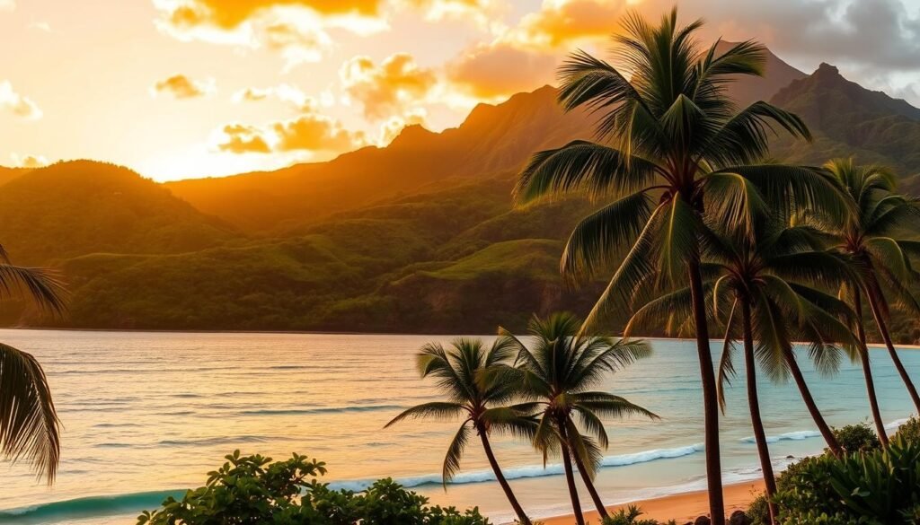 A stunning landscape showcasing the natural beauty of Maui. In the foreground, a picturesque beach with swaying palm trees and crystal-clear turquoise waters. In the middle ground, lush green hills and mountains, their slopes covered in dense tropical foliage. In the distance, the silhouette of a volcanic peak against a vibrant golden sunset sky. Warm, soft lighting illuminates the scene, creating a serene and tranquil atmosphere. The composition is balanced, with a focus on the harmonious interplay of land, sea, and sky. This image captures the essence of Maui's most captivating attractions and outdoor adventures. A stunning landscape showcasing the natural beauty of Maui. In the foreground, a picturesque beach with swaying palm trees and crystal-clear turquoise waters. In the middle ground, lush green hills and mountains, their slopes covered in dense tropical foliage. In the distance, the silhouette of a volcanic peak against a vibrant golden sunset sky. Warm, soft lighting illuminates the scene, creating a serene and tranquil atmosphere. The composition is balanced, with a focus on the harmonious interplay of land, sea, and sky. This image captures the essence of Maui's most captivating attractions and outdoor adventures.