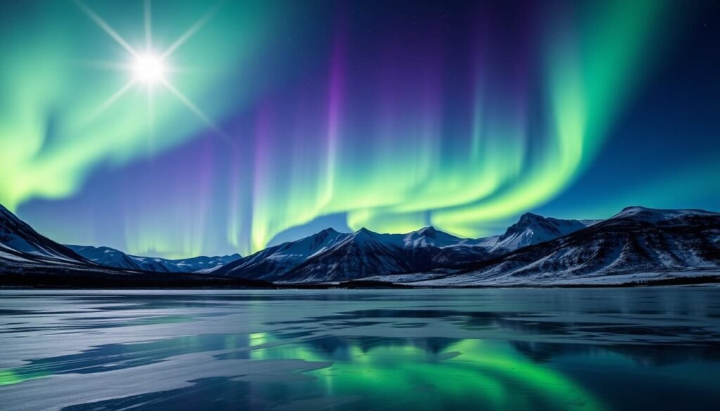A stunning night sky aglow with the mesmerizing display of the northern lights, captured in a remote, snow-covered landscape. The ethereal green and purple hues of the aurora borealis dance and flicker, casting a magical glow over the serene, mountainous terrain below. In the foreground, a frozen lake reflects the captivating light show, creating a breathtaking, mirror-like effect. The scene is illuminated by a full moon, casting a soft, ethereal light and adding depth and dimension to the image. The overall composition evokes a sense of wonder and awe, perfectly capturing the essence of chasing the elusive northern lights in Norway. A stunning night sky aglow with the mesmerizing display of the northern lights, captured in a remote, snow-covered landscape. The ethereal green and purple hues of the aurora borealis dance and flicker, casting a magical glow over the serene, mountainous terrain below. In the foreground, a frozen lake reflects the captivating light show, creating a breathtaking, mirror-like effect. The scene is illuminated by a full moon, casting a soft, ethereal light and adding depth and dimension to the image. The overall composition evokes a sense of wonder and awe, perfectly capturing the essence of chasing the elusive northern lights in Norway.
