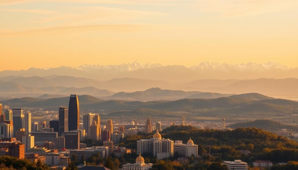 A stunning panoramic landscape depicting the best countries to visit, captured with a wide-angle lens. In the foreground, a bustling city skyline with iconic landmarks and modern architecture. In the middle ground, rolling hills and lush green forests. In the distant background, snow-capped mountains reflecting the warm golden hues of the setting sun. The scene is bathed in a soft, golden light, creating a serene and inviting atmosphere. The image conveys a sense of adventure, wanderlust, and the allure of exploring new and diverse destinations around the world. A stunning panoramic landscape depicting the best countries to visit, captured with a wide-angle lens. In the foreground, a bustling city skyline with iconic landmarks and modern architecture. In the middle ground, rolling hills and lush green forests. In the distant background, snow-capped mountains reflecting the warm golden hues of the setting sun. The scene is bathed in a soft, golden light, creating a serene and inviting atmosphere. The image conveys a sense of adventure, wanderlust, and the allure of exploring new and diverse destinations around the world.