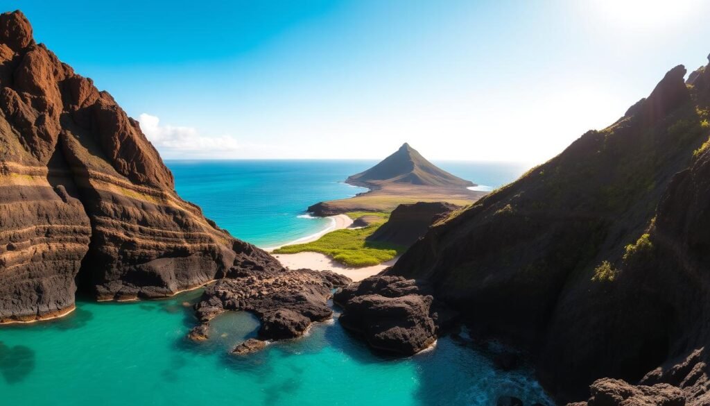 A stunning, panoramic view of Halona Beach Cove in Honolulu, Hawaii. In the foreground, the turquoise waters of the cove lap against the smooth, black volcanic rocks. Towering cliffs rise up on either side, casting dramatic shadows across the scene. The middle ground features a gently sloping beach of golden sand, dotted with lush, verdant vegetation. In the background, the boundless, azure Pacific Ocean stretches out to the horizon, with the iconic Diamond Head crater silhouetted against the sky. The lighting is warm and natural, with the sun casting a soft, golden glow over the entire landscape. The scene is captured with a wide-angle lens, emphasizing the vast, awe-inspiring scale of this picturesque Hawaiian getaway.