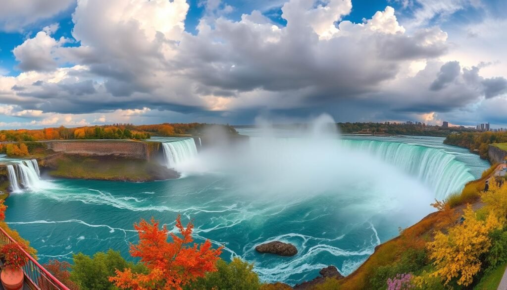 A stunning panoramic view of Niagara Falls during the four seasons, captured through the lens of a wide-angle camera. In the foreground, the majestic waterfalls cascade over the rocky cliffs, their thunderous roar echoing through the mist. The middle ground features lush, vibrant foliage that changes with the seasons - from the fiery hues of autumn to the delicate blossoms of spring. In the background, the dramatic sky sets the mood, with billowing clouds in the summer, a dusting of snow in the winter, and warm, golden sunlight filtering through in the fall. The scene evokes a sense of awe and wonder at the natural beauty of this iconic natural wonder.