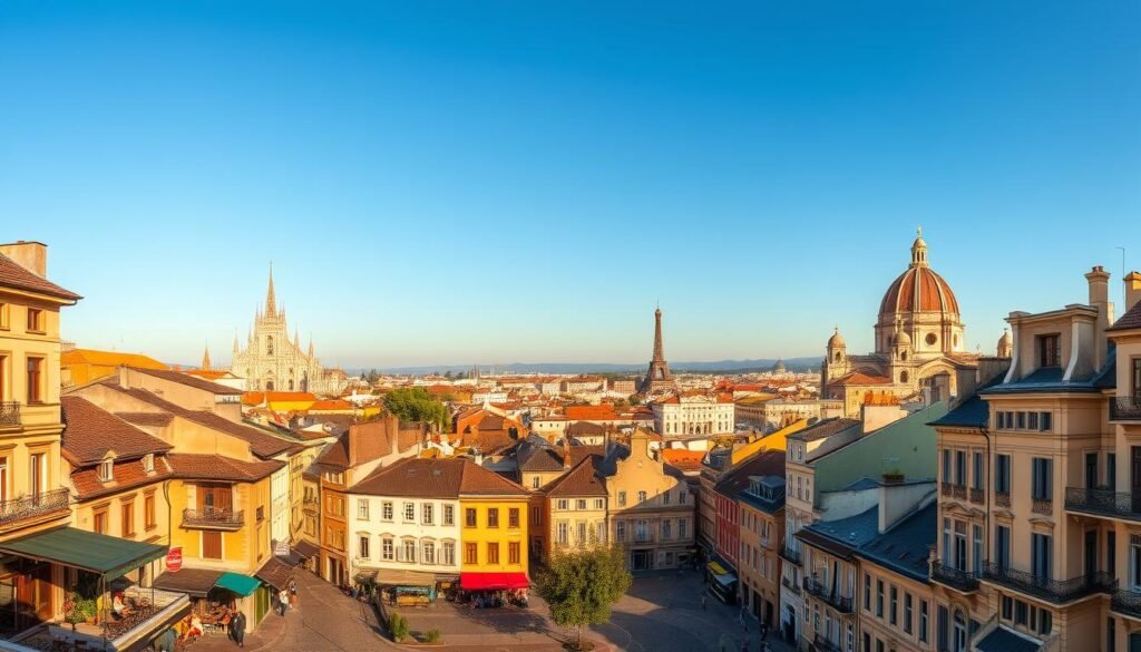 A stunning panoramic view of quintessential European cityscapes, bathed in warm, golden sunlight. In the foreground, cobblestone streets wind through picturesque neighborhoods, lined with charming cafes, bustling local markets, and historic, ornate architecture. In the middle ground, grand cathedrals and stately government buildings stand tall, their intricate facades and spires reaching towards a clear, azure sky. In the distance, the skyline is punctuated by iconic landmarks, such as the Eiffel Tower, the Colosseum, or the Duomo, creating a harmonious symphony of cultural and architectural treasures. The overall atmosphere evokes a sense of timeless elegance, inviting the viewer to explore the vibrant local culture and rich history of these captivating European destinations. A stunning panoramic view of quintessential European cityscapes, bathed in warm, golden sunlight. In the foreground, cobblestone streets wind through picturesque neighborhoods, lined with charming cafes, bustling local markets, and historic, ornate architecture. In the middle ground, grand cathedrals and stately government buildings stand tall, their intricate facades and spires reaching towards a clear, azure sky. In the distance, the skyline is punctuated by iconic landmarks, such as the Eiffel Tower, the Colosseum, or the Duomo, creating a harmonious symphony of cultural and architectural treasures. The overall atmosphere evokes a sense of timeless elegance, inviting the viewer to explore the vibrant local culture and rich history of these captivating European destinations.