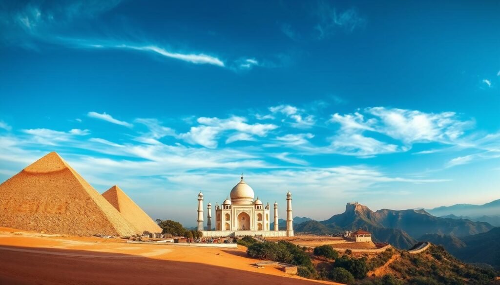 A stunning panoramic vista of the world's most iconic landmarks and historical sites. In the foreground, the towering pyramids of Giza stand tall, casting long shadows across the desert sands. In the middle ground, the majestic Taj Mahal, its white marble gleaming under the warm afternoon sun, is surrounded by lush, manicured gardens. In the distance, the Great Wall of China snakes across the rugged mountainous terrain, a testament to human ingenuity and perseverance. The sky is a brilliant azure, dotted with wispy clouds, creating a serene and awe-inspiring atmosphere. The scene is captured with a wide-angle lens, emphasizing the grand scale and seamless integration of these timeless wonders. The overall mood is one of wonder, history, and the enduring legacy of human civilization. A stunning panoramic vista of the world's most iconic landmarks and historical sites. In the foreground, the towering pyramids of Giza stand tall, casting long shadows across the desert sands. In the middle ground, the majestic Taj Mahal, its white marble gleaming under the warm afternoon sun, is surrounded by lush, manicured gardens. In the distance, the Great Wall of China snakes across the rugged mountainous terrain, a testament to human ingenuity and perseverance. The sky is a brilliant azure, dotted with wispy clouds, creating a serene and awe-inspiring atmosphere. The scene is captured with a wide-angle lens, emphasizing the grand scale and seamless integration of these timeless wonders. The overall mood is one of wonder, history, and the enduring legacy of human civilization.