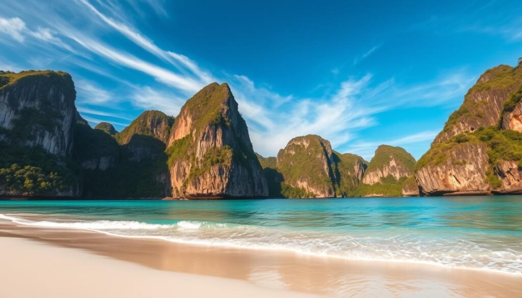 A stunning seascape of Krabi's iconic Railay beach, with towering limestone cliffs rising dramatically from the crystal-clear turquoise waters. In the foreground, soft white sand leads to gentle waves lapping the shore, while in the middle ground, lush tropical foliage clings to the cliff faces. The sky is a brilliant shade of blue, with wispy clouds drifting overhead, casting a warm, golden glow over the entire scene. The composition captures the breathtaking natural beauty of this secluded paradise, inviting the viewer to imagine themselves exploring the hidden caves and coves that dot the rugged coastline. Captured through the lens of a wide-angle camera, this image conveys the sense of scale and grandeur that defines the Krabi-Railay region.